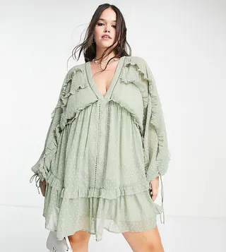 ASOS DESIGN Curve V-front V-back mini skater dress with ruffles in textured khaki
