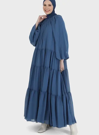 Balloon Sleeve Mesh Tiered Dress