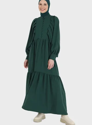 Balloon Sleeve Button Detail Dress