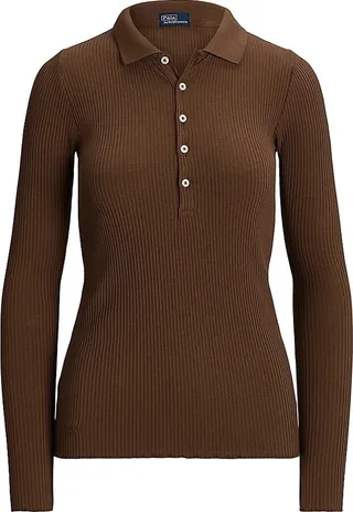Long-Sleeve Rib-Knit Polo Top