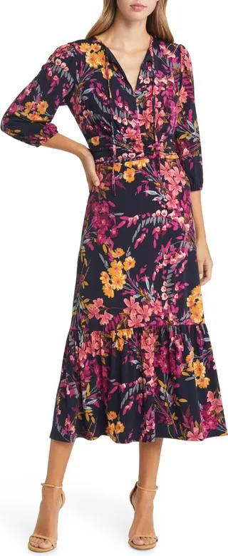 Floral Print Ruched Midi Dress