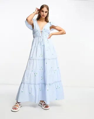 ASOS DESIGN embroidered cotton tiered midi dress with lace insert in blue floral