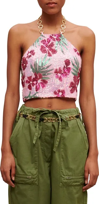 Lustik Floral Sequin Crop Halter Top