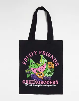 ASOS DESIGN tote bag with fruity friends print in black