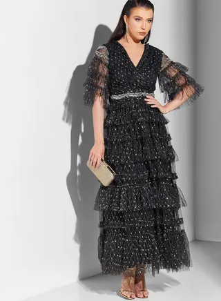 Nour Embroidered Dress With Ruffle Detail