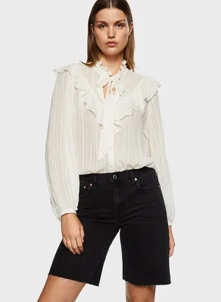 Ruffle Neck Tie Detail Top