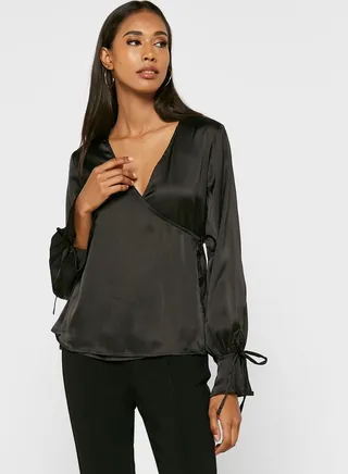 Plunge Neck Tie Detail Wrap Top