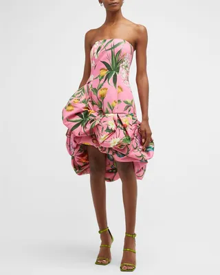 Floral Tapestry-Print Draped Balloon-Hem Dress