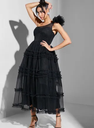Hadia Ghaleb Frill Tier One Shoulder Dress
