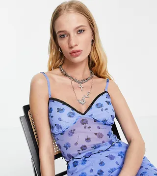 Reclaimed Vintage inspired mesh cami top in blue rose print