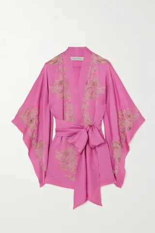 Carine Gilson - Belted Lace-trimmed Silk-charmeuse Robe - Pink