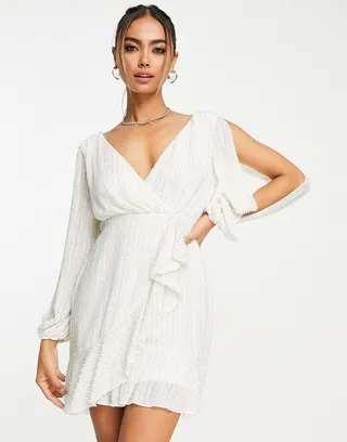 Miss Selfridge Premium embellished sequin long sleeve wrap mini dress in white - WHITE