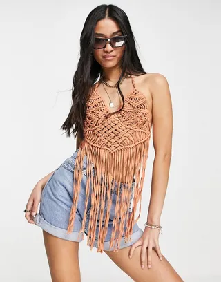 Miss Selfridge crochet fringe halter top in rust