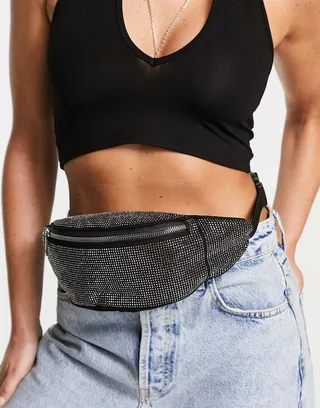 ASOS DESIGN rhinestone fanny pack in black