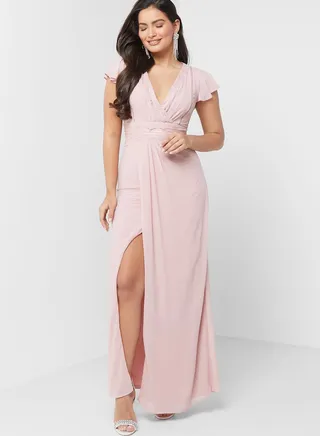 Surplice Neck Front Slit Dress