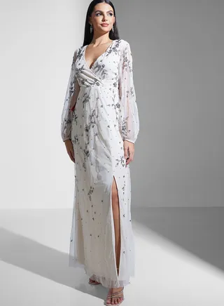 Sequin Detail Front Slit Dress