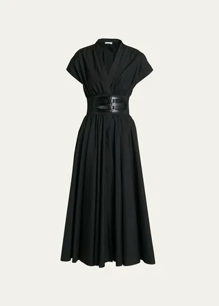Poplin V-Neck Midi Dress