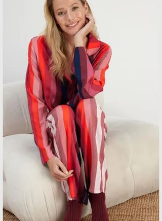 Multicolored Striped Shirt-Pants Viscose Woven Pajamas Set THMAW24PT00087