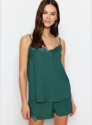Green Lace Singlet-Shorts, Woven Pajamas Set