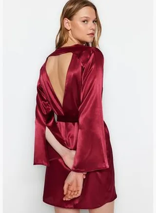 Burgundy Satin Back Cut-Out/Window Detail Woven Dressing Gown THMAW24SB00006