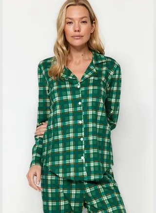 Green 100% Cotton Check Shirt-Pants Knitted Pajamas Set THMAW24PT00252.