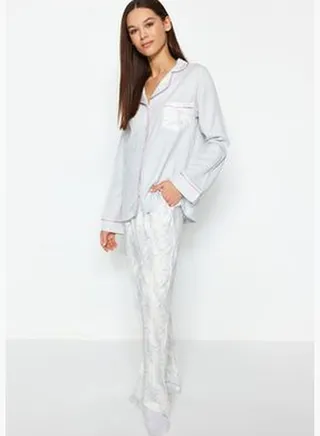 Blue Premium Striped Piping Detailed Shirt-Pants Woven Pajamas Set