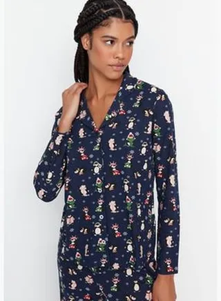 Navy Blue Penguin Pattern Winter Theme Knitted Pajamas Set
