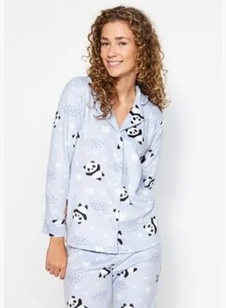 Blue Panda Pattern Fleece Knitted Pajamas Set THMAW22PT0359