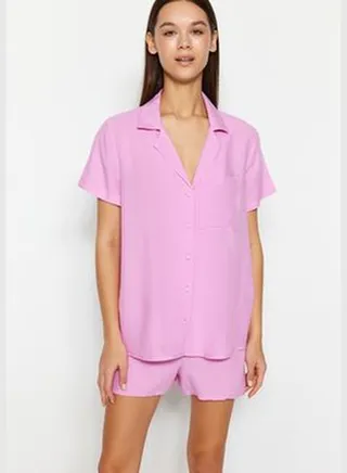 Light Pink Shirt-Shorts Woven Pajama Set