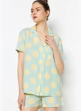 Green Polka Dots Viscose Shirt-Shorts Woven Pajamas Set
