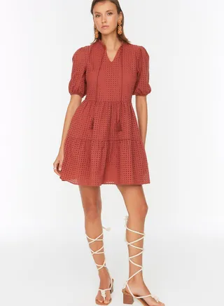 Puff Sleeve Tie Neck Tiered Dress