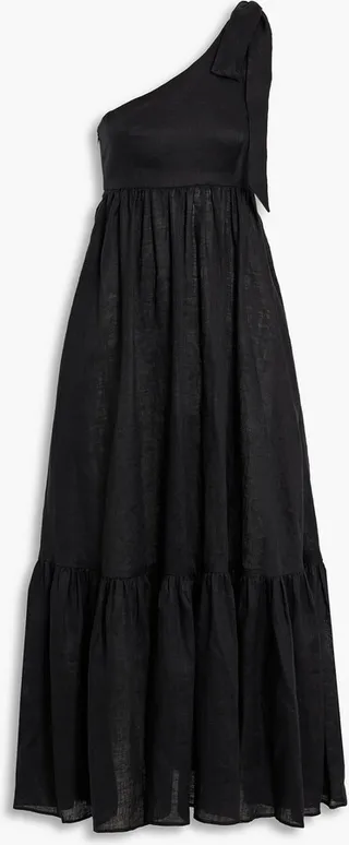 One-shoulder bow-detailed linen maxi dress