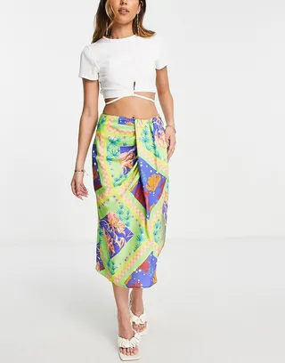 ASOS DESIGN sarong midi skirt in tropical print