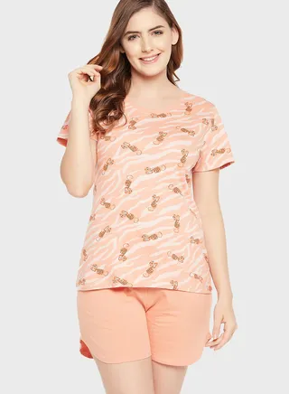 Round Neck Printed T-Shirt & Pyjama Shorts Set
