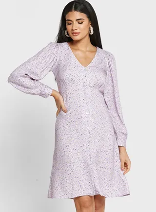 V-Neck Button Detail Balloon Sleeve Dress