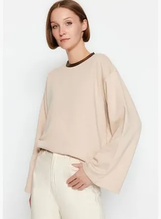 Beige Collar with Foil Print Thick Regular/Regular Pattern Knitted Sweatshirt TWOAW24SW00130.