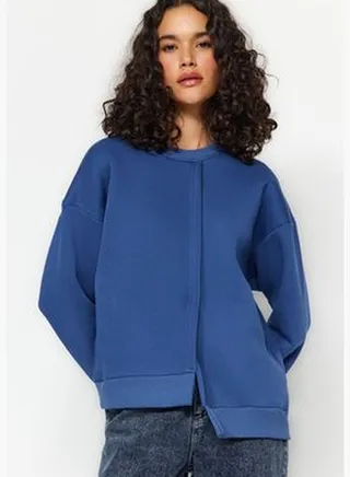 Thick Indigo Fleece Inside Asymmetrical Detailed Crewneck Knitted Sweatshirt TWOAW24SW00272