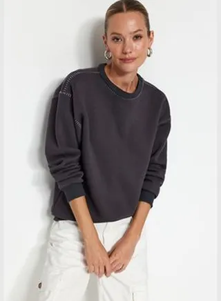 Anthracite Crochet Detailed Crew Neck Regular Fit Fleece Inside Knitted Sweatshirt TWOAW24SW00235.