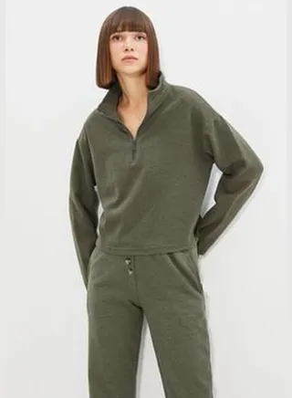 Khaki Thessaloniki/Knitwear Look, Zippered Collar Regular/Regular Pattern Knitted Sweatshirt TWOAW22SW0732.
