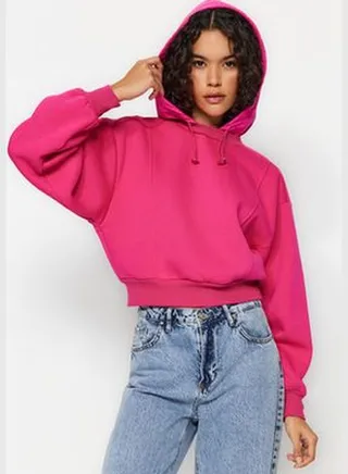 Fuchsia Thick Fleece Inner Parachute Hoodie. Relaxed Cut Crop Knitted Sweatshirt TWOAW24SW00131