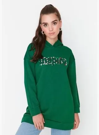 Green Printed Hooded Knitted Sweatshirt TCTAW23TW00084