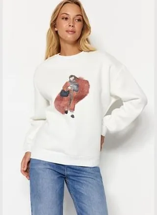 Ecru Regular/Regular fit Sweater Detailed Printed Fleece Fleece Knitted Sweatshirt TWOAW24SW00051.