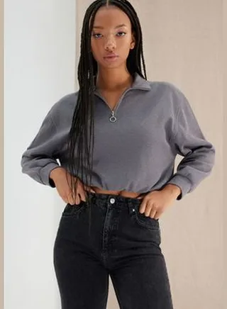 Anthracite More Sustainable Thessaloniki Fabric Zippered Regular Standing Collar Knitted Sweatshirt TWOAW24SW00253