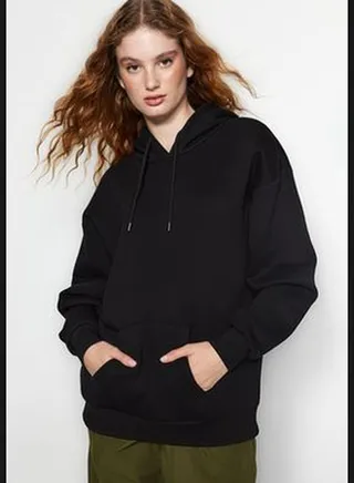 Black Thick Fleece Inside Oversized/Wide Fit with a Hooded Basic Knitted Sweatshirt TWOAW24SW00103.