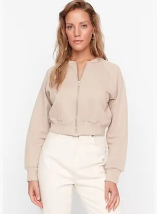 Camel Crop Zippered Thick Knitted Sweatshirt TWOAW23SW00673