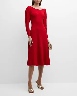 Ballet-Neck Fit-&-Flare Rib Midi Dress
