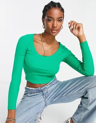 ASOS DESIGN long sleeve scoop neck rib top in bright green