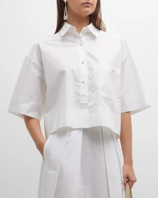 Poplin Cropped Button-Front Blouse