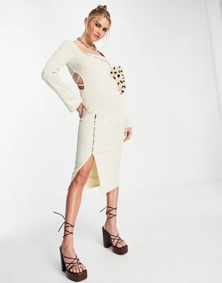 ASOS DESIGN ribbed cut out button detail midi dress in cream