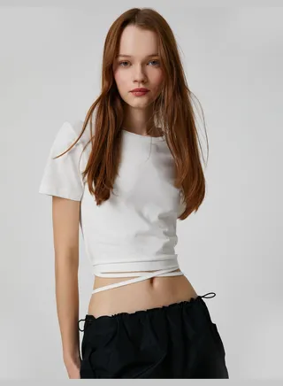 Short Sleeve Crew Neck Tie Detail Crop T-Shirt